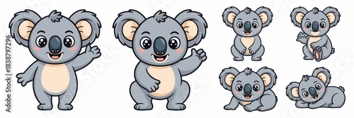 Cute koala bear characters vector illustration collection showing different adorable Australian wildlife animals happily posing, sitting, waving, and lying down in a friendly cheerful set perfect for