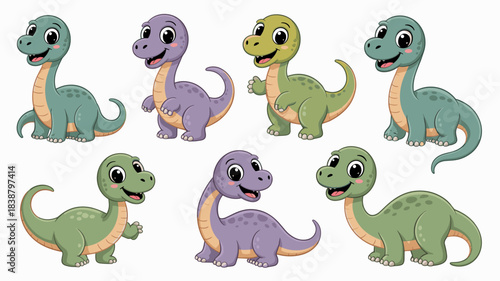 A vibrant collection of eight cute happy smiling cartoon baby dinosaurs, long-necked friendly sauropods in teal, lime green, and lavender purple colors, detailed vector illustration set for kids' educ