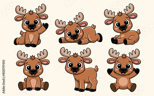 Cute adorable baby reindeer fawn cartoon vector illustration set collection, depicting six playful postures—waving, sitting, lying down, standing—ideal graphic resource elements for fun children's boo