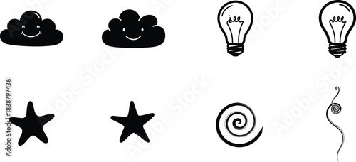 Hand drawn doodle set including clouds stars light bulbs and abstract shapes
