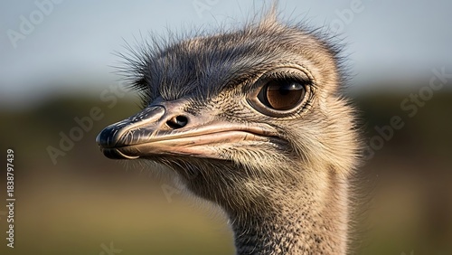 Close Up of an Ostrich Head with Large Eye and Feathers in Natural Setting