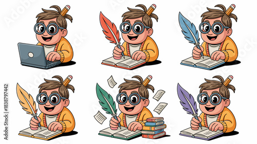 Versatile cartoon student or young author character uses six different writing tools, showing creativity, from typing on a modern laptop computer to using colorful vintage feather quill pens and noteb