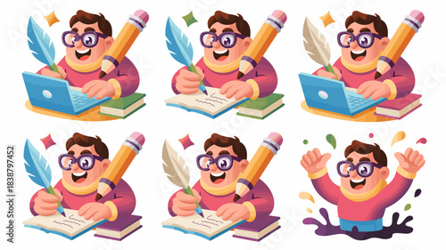 Happy author or diligent academic student generating exciting new digital and traditional content, writing with a feather quill, oversized pencil, and computer, symbolizing creativity, publishing, lea