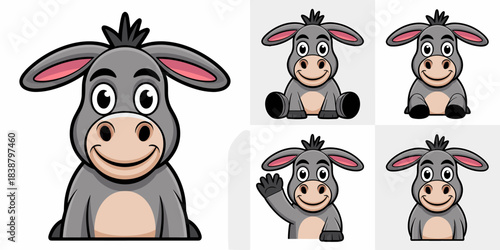 Adorable smiling gray donkey cartoon mascot character collection greeting and sitting, playful vector illustration bundle featuring various poses ideal for branding, children's education, reliable log