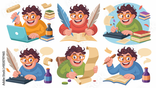 Enthusiastic male author or student happily documenting ideas, creating digital content, and writing stories using both modern technology, like a laptop and keyboard, and traditional tools, including
