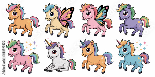 Vibrant cartoon vector set featuring eight cute magical fantasy ponies and unicorns, some flying winged alicorns, with sparkling stars and rainbow manes, ideal graphic resource collection for whimsica