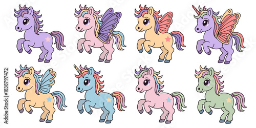 Adorable pastel unicorn and pegasus vector illustration collection, featuring a variety of cute little flying ponies, mystical alicorns, and magical equines in soft colors, ideal for kids' nursery dec