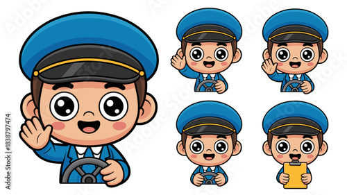 Adorable chibi cartoon male driver character mascot set professionally wearing a blue uniform and service peaked hat, cheerful worker waving while holding a steering wheel and clipboard, perfect vecto