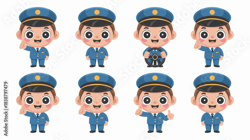 Adorable cartoon male driver character set wearing a professional blue uniform and peaked cap, performing various actions like steering a wheel and giving thumbs up, perfect vector mascot bundle for t