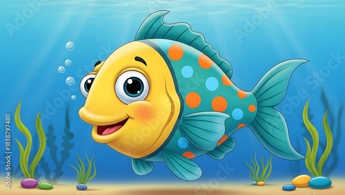 Colorful Cartoon Fish Swimming in Underwater Scene with Seaweed and Pebbles
