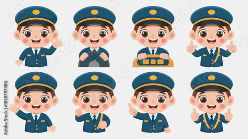 Friendly vector illustration of a cute young uniformed transportation officer or public service worker character set showcasing eight different poses like driving, pointing, waving, and positive thumb