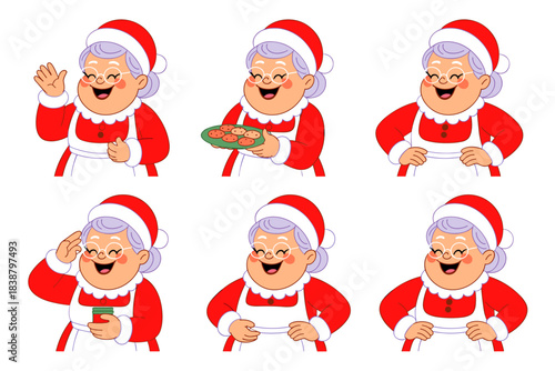 Joyful Mrs. Claus cartoon avatar vector illustration pack, a festive Christmas grandmother character set showing welcoming, happy, and positive emotional expressions like baking cookies and greeting.