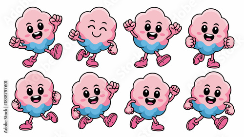 Cute cotton candy mascot character collection cartoon illustration set running jogging and walking happily with eight different energetic poses and cheerful expressions, perfect vector graphic resourc
