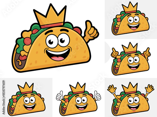 Vector cartoon taco king mascot character illustration set showing diverse poses, including excited thumbs up and happy approval gestures, wearing a gold crown and cheerfully smiling. Ideal graphic re