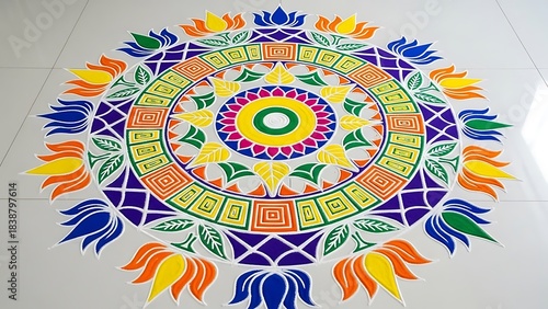 Colorful Geometric Rangoli Pattern on White Floor for Festival Celebrations