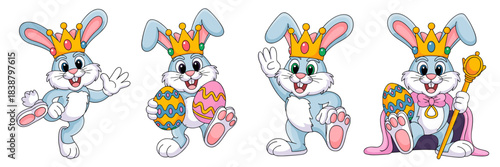 Four cute cartoon Easter bunny king royal characters wearing golden crowns, posing happily while holding decorative colorful eggs and a majestic scepter, isolated vector illustration graphic design el