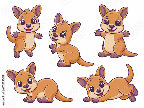 Adorable baby kangaroo joey cartoon character vector illustration set featuring five cute marsupials in playful poses, including hopping, sitting, and waving, perfect graphic resource collection for k