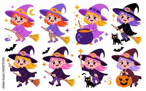 Charming vector cartoon little girl witches characters collection featuring cheerful kids flying on broomsticks, stirring bubbling cauldron potions, carrying jack-o'-lanterns; cute Halloween graphic s