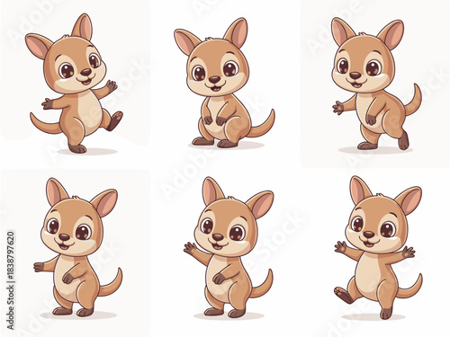 A collection of six adorable, cheerful baby kangaroo cartoon character illustrations and poses, featuring a cute brown marsupial joey mascot for children's education, playful branding, website graphic