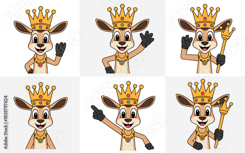 A cheerful cartoon royal deer or fawn mascot character illustration vector kit set showing six different expressions and friendly poses like waving, pointing, and holding a majestic golden crown scept