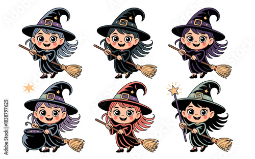 Cute Halloween witches cartoon vector graphic collection featuring six chibi magical girls flying on broomsticks, stirring a spooky cauldron, and holding a magic wand, perfect character design for sea