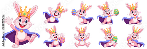 Adorable cartoon Easter bunny character collection, a festive royal rabbit king wearing a golden crown and majestic purple cape, happy and smiling, holding vibrant painted eggs, perfect vector graphic