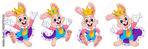 Cheerful cartoon royal bunny king character set wearing a majestic golden crown and rich purple velvet ermine cape, jumping, celebrating, and giving thumbs up, isolated vector illustration clip art fo