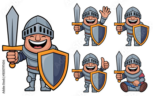 A delightful and friendly cartoon knight mascot character collection holding a mighty sword and protective shield, shown in various action poses like waving and giving a thumbs-up, a happy medieval wa