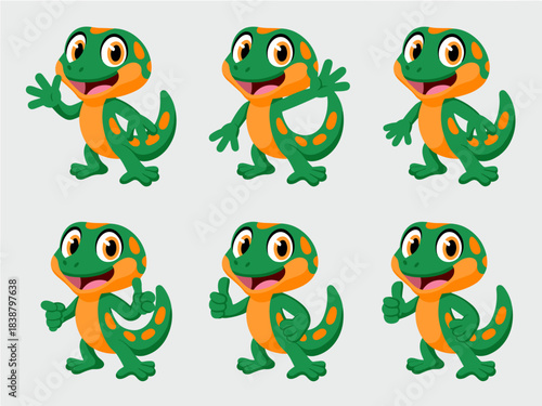 Friendly green and orange gecko cartoon mascot character set showing various poses like waving, pointing, and giving a successful thumbs-up gesture for digital advertising, branding, marketing, presen
