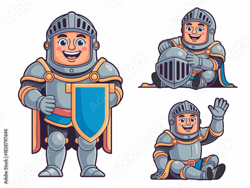 Happy cartoon medieval knight character vector illustration posing in full plate armor, cheerful warrior mascot set standing with blue shield, sitting holding helm, or friendly waving, ideal graphic r