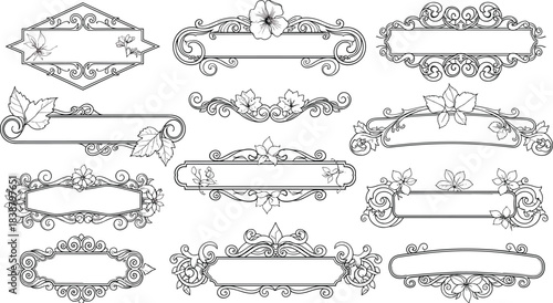 Vintage floral decorative frame collection, elegant ornate borders and botanical label designs, intricate hand-drawn ornament templates for invitations and branding