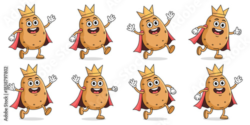 Cheerful seamless vector pattern of cute animated royal king potato characters running, jogging, and waving happily, wearing gold crowns and flowing red capes, a funny graphic asset illustration for f