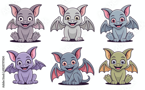 Adorable six colorful baby bat cartoon character collection vector illustration set, featuring cheerful smiling happy mascot designs in gray purple green and blue for children's Halloween party decora