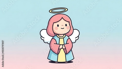 Cute Cartoon Angel with Pink Hair White Wings and Halo in Pastel Background
