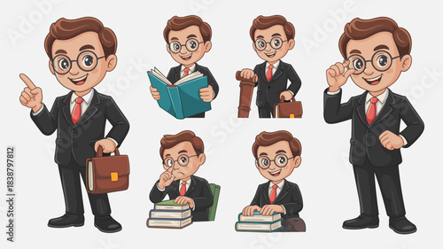 Cheerful professional businessman or lawyer character vector illustration set providing expert advice, legal strategy, corporate education, and financial planning through diverse poses like reading, p