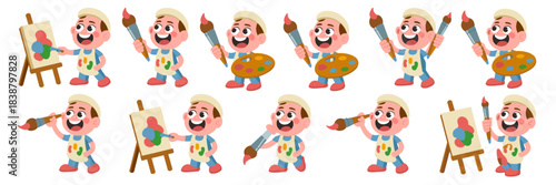 Happy young cartoon boy artist actively painting on an easel and holding a palette and brush, representing creativity, imagination, and childhood education development, perfect for school learning res
