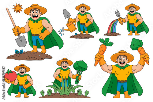 Muscular superhero gardener character vector illustration collection showing the whole process of planting, caring, watering, and harvesting fresh organic produce like tomatoes, carrots, and broccoli;