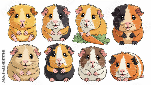 Adorable cartoon guinea pigs illustration collection of eight happy friendly cavies sitting, showcasing a vibrant variety of coat colors and patterns, useful for playful children's book design, zoolog