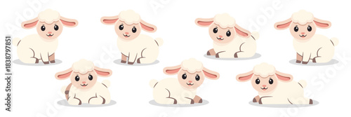Cute cartoon vector illustration of seven adorable baby sheep lambs in various resting, sitting, and lying poses, perfect for kids, childhood design, spring, Easter greeting cards, and agricultural bu