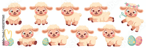 Adorable cheerful baby sheep and springtime lamb character set featuring flat vector illustrations, playful poses, and Easter eggs, ideal for sweet holiday greeting cards, nursery decor, children's bo