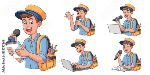 Animated flat design character set featuring a happy young professional male reporter, student, or broadcaster actively working across multiple vignettes: interviewing with a microphone and notepad, t