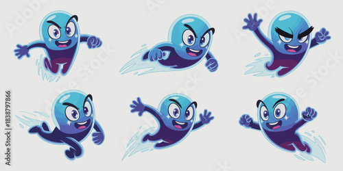 Vibrant liquid blob character collection in dynamic flying and running poses, depicting concepts of speed, power, and high energy for technological innovation, mobile gaming, application icons, modern