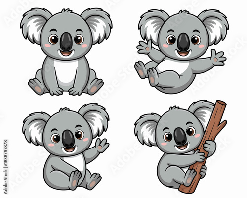 Adorable cartoon baby Koala bears mascot set sitting, waving, hugging a tree branch, and happily jumping, presented as a cute vector illustration collection ideal for children's education, sticker des