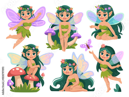 Adorable cartoon set of six cheerful forest fairies or pixies with green leaf clothing, flying and sitting on giant mushrooms, perfect for kids' storybook illustrations, fantasy game graphics, mystica