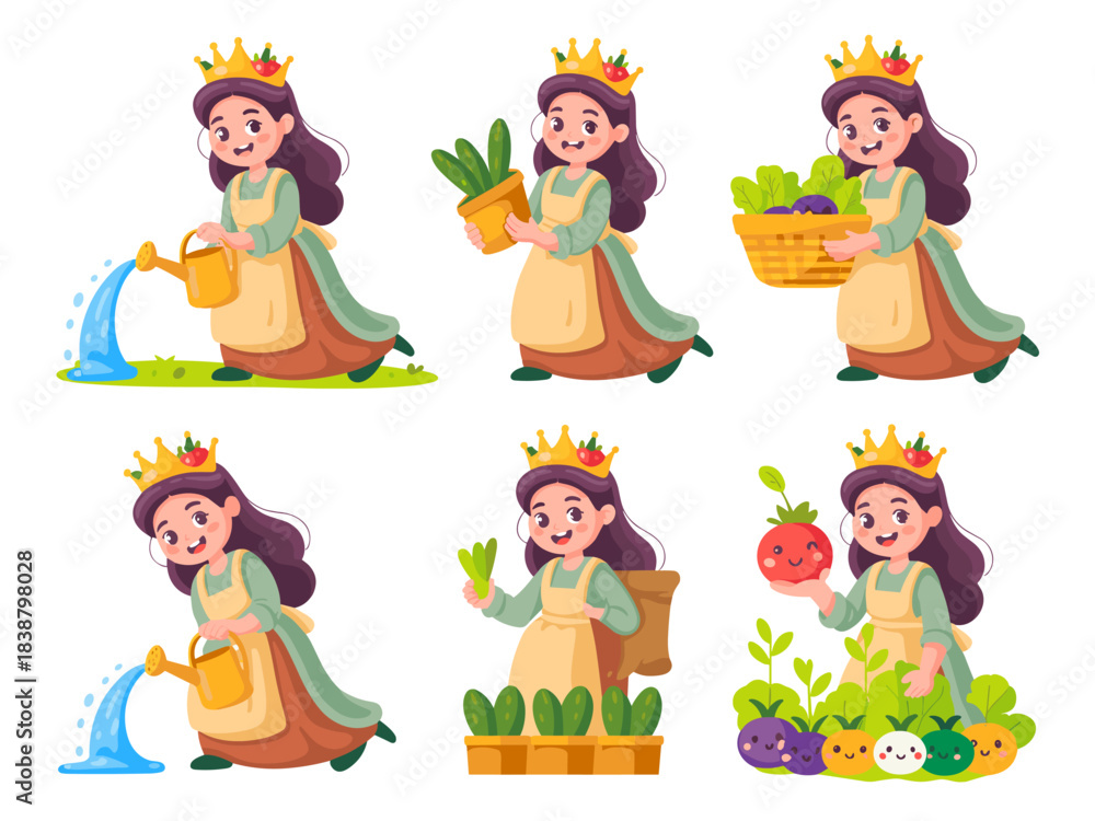 Fototapeta premium Cheerful little princess character busy gardening and farming, planting seedlings, watering plants, and harvesting a bounty of fresh organic vegetables, illustrating healthy food, nature, and self-suf