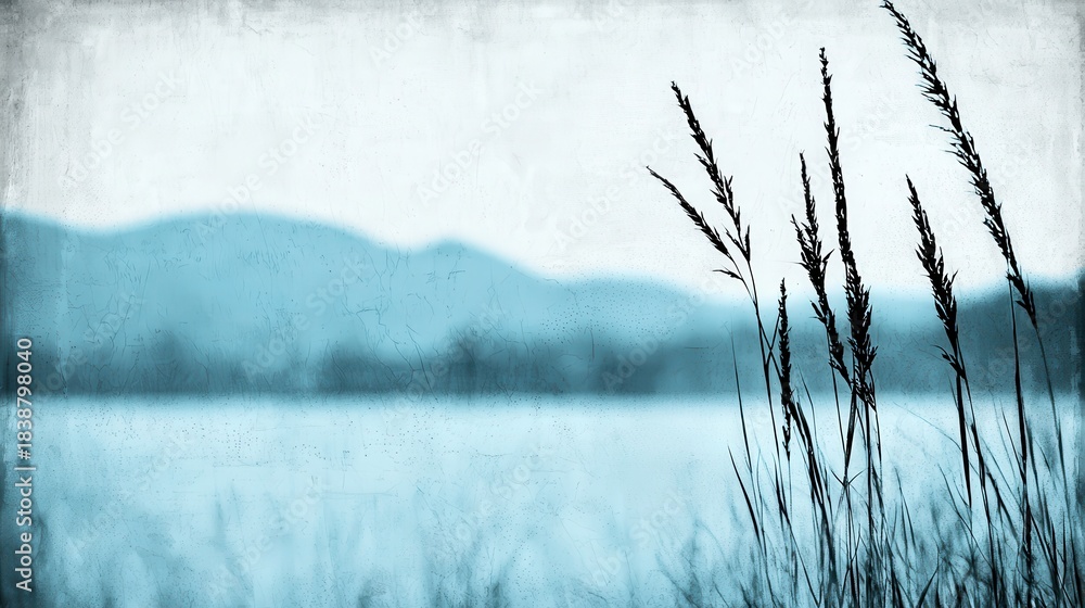 Obraz premium Serene Grass Silhouettes Against a Misty Blue Mountain Landscape in Soft Light