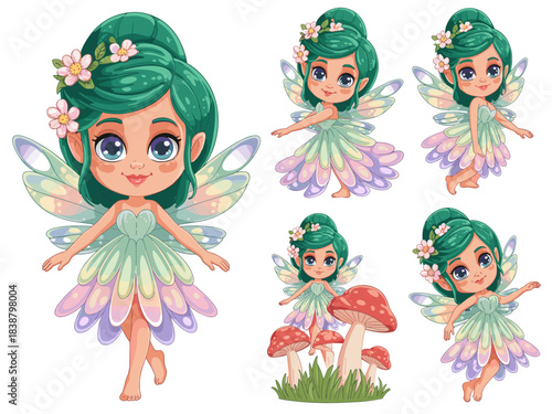 Charming cute mythological pixie girl character set with bright emerald green hair and colorful iridescent wings, wearing a whimsical gradient flower petal dress, used for children's publishing, magic