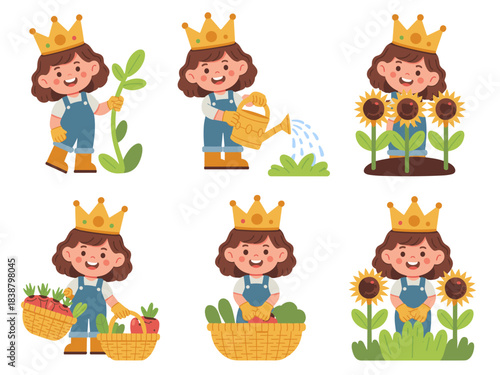 Cheerful cartoon little princess girl character vector illustration set showing different stages of gardening, happy young female child watering plants, sowing, harvesting vegetables, learning about f