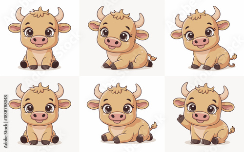 Collection of six kawaii-style baby cattle characters and cute bull illustrations in diverse sitting poses, useful for dairy product advertising, farming themes, kids educational material, and Asian Z