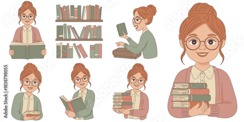 Cheerful professional woman, a smiling academic student or friendly librarian character, in a diverse vector illustration set, reading, studying, and organizing literature and educational books on lib